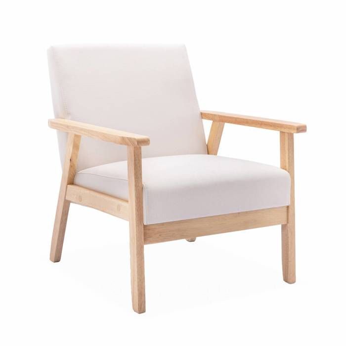 Scandinavische fauteuil van hout met crèmekleurige stof. Isak. Afmetingen: B 64 x D 69,5 x H 73 cm