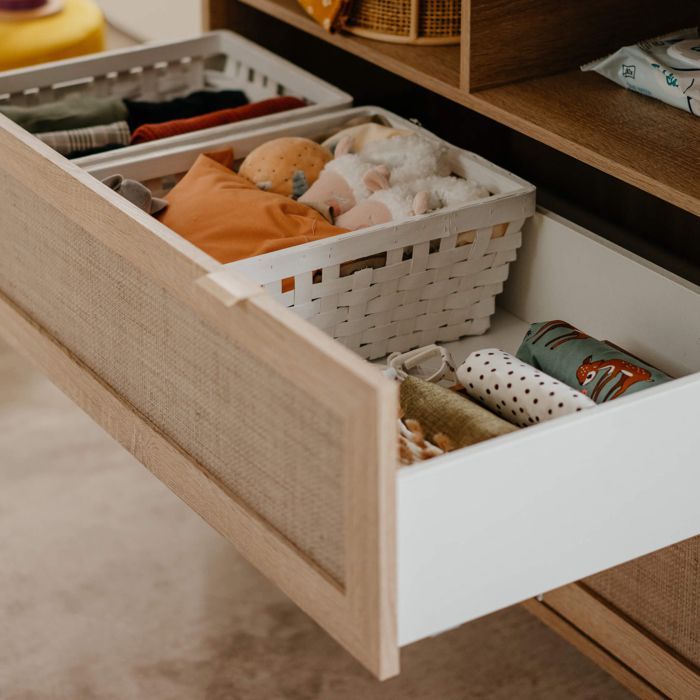 Verschoontafel met 2 lades in naturel hout met rieten look - CO7085 - Naturel hout - Terre de Nuit