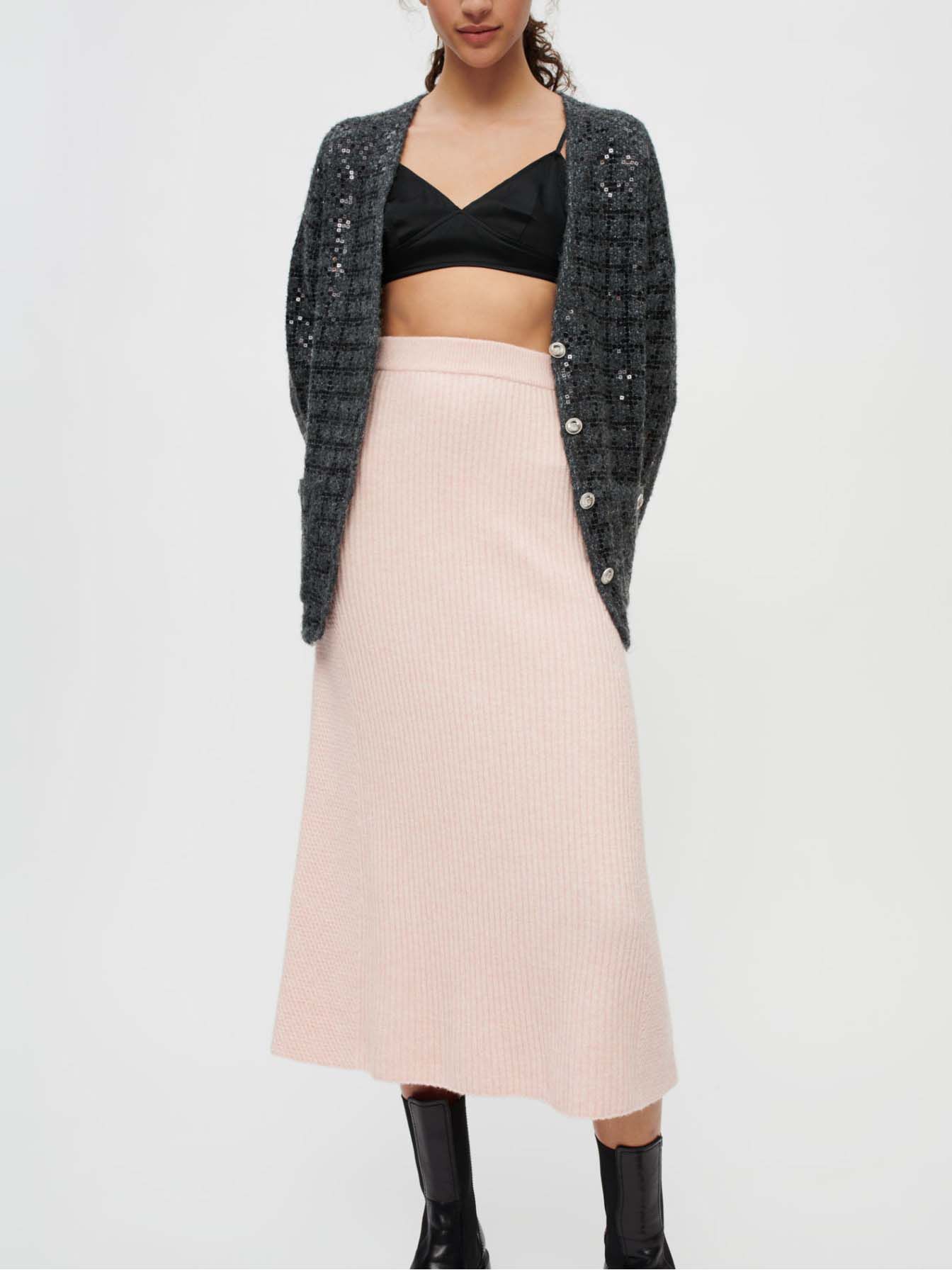 Geribbelde gebreide stretch midi-rok - Lichtroze