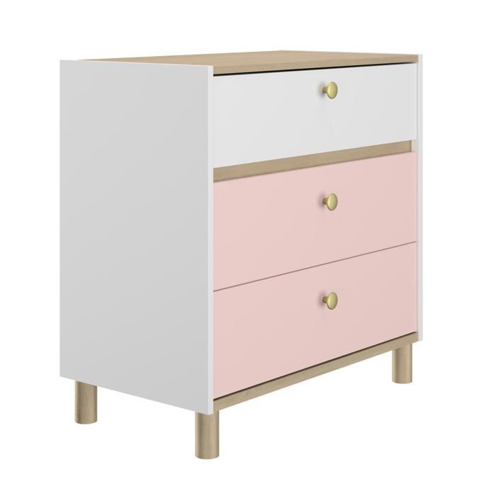Cómoda blanca de 3 cajones con efecto de madera de roble claro y tirador dorado.