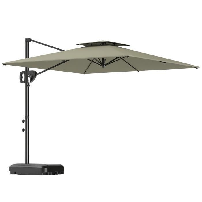 Sombrilla voladiza Outsunny cuadrada de 2,5 x 2,5 m con manivela y 2 bases, doble toldo, resistente a los rayos UV, 8 varillas, color gris claro.