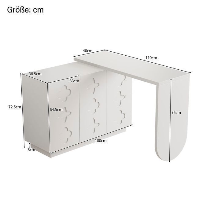 Bureau Blanc Pivotant en L - avec Meuble de Rangement pour Bureau, Gain de Place - 110 x 40 x 75 cm