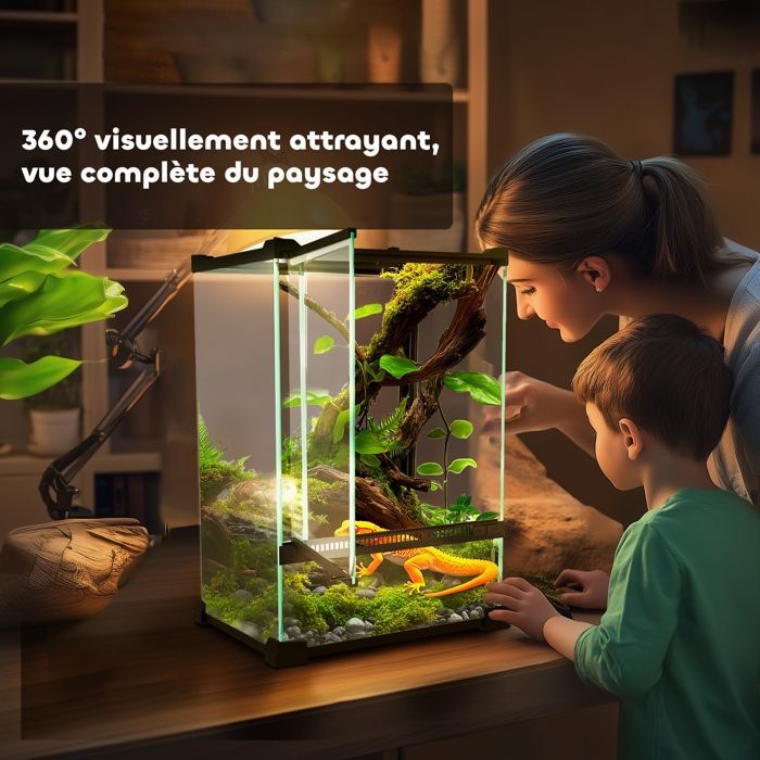 Terrarium en verre pour reptiles - PawHut - vivarium 12 L avec couvercle en treillis métallique - 20 x 20 x 30 cm - noir
