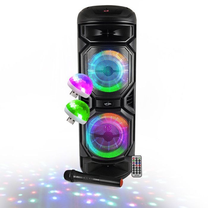 Enceinte SONO DJ BASS sur batterie Lumineuse 800W - Bluetooth, USB, Microphone sans fil, Réglage BASS, 2 Mini Lumières LED