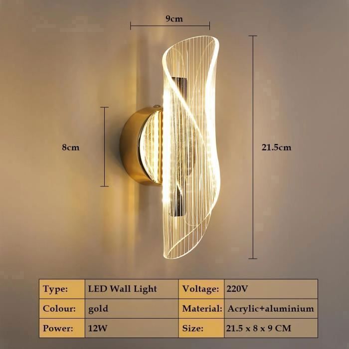 DELIPOP Applique Murale LED Dimmable Moderne Lampe murale 12W 3000K/4000K/6000K Pour chambre à coucher, salon, couloir, entrée – Or