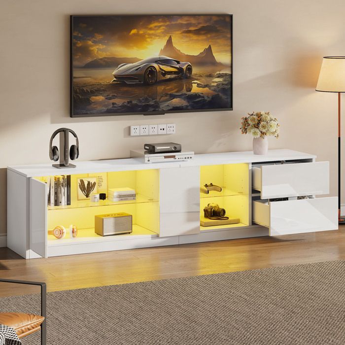 Mueble para TV KoDise blanco, mueble para TV de 160 cm con iluminación LED, 2 cajones y 1 puerta - para salón y dormitorio.