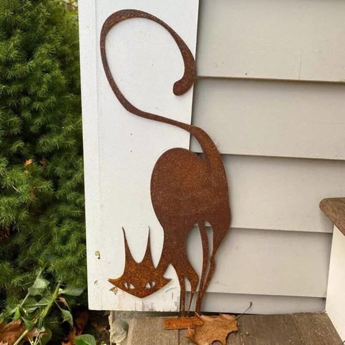 Décoration de jardin en métal - MICH - Silhouette de chat - Style rustique - Facile à installer - Pour extérieur