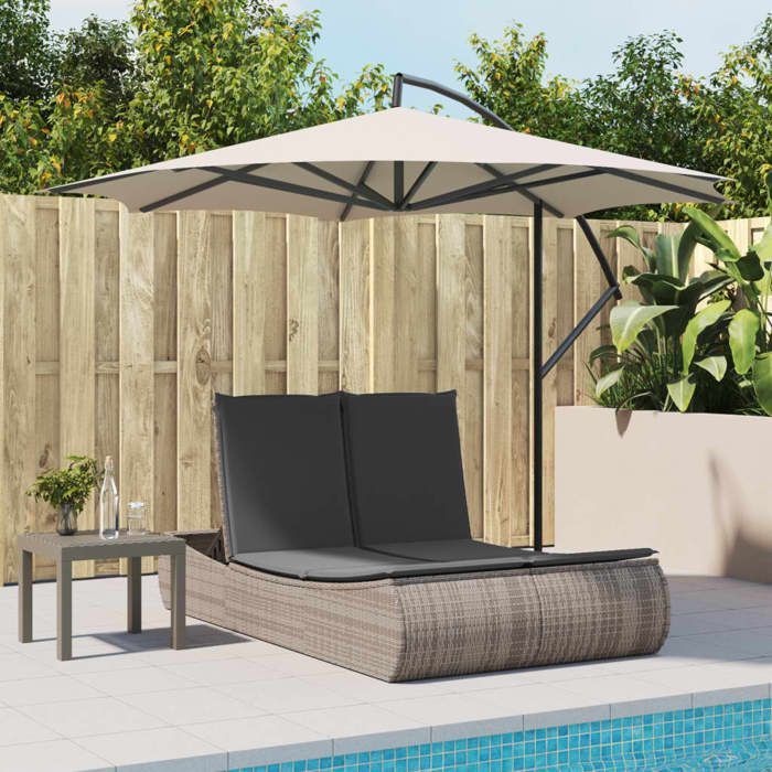 vidaXL Chaise longue double avec coussins gris résine tressée, transat, lit de jour d'extérieur, lit de jour de jardin, lit 368092