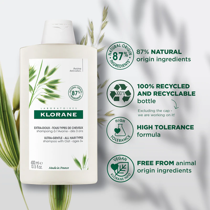 Shampoo suave de aveia Klorane para todos os tipos de cabelo.