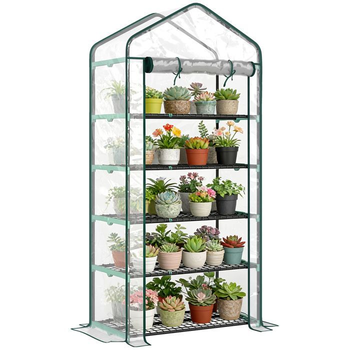 Garden greenhouse - Outsunny - PVC - with 5-tier shelves - steel frame - roll-up zippered door - 90x49x193cm - transparent
