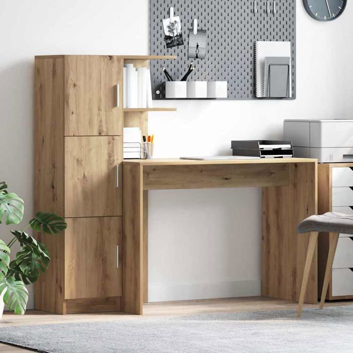 Desk with storage - vidaXL - Handcrafted oak - Engineered wood - 102x50x124 cm - 6 shelves - 2 doors