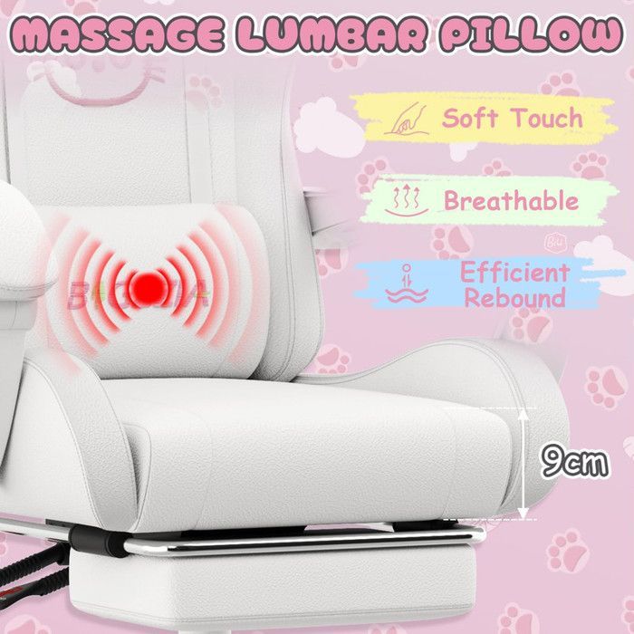 Silla gaming - Silla de oficina ergonómica - Soporte lumbar y masaje - Reposapiés - Respaldo reclinable 135° - Hasta 130 kg - Blanca
