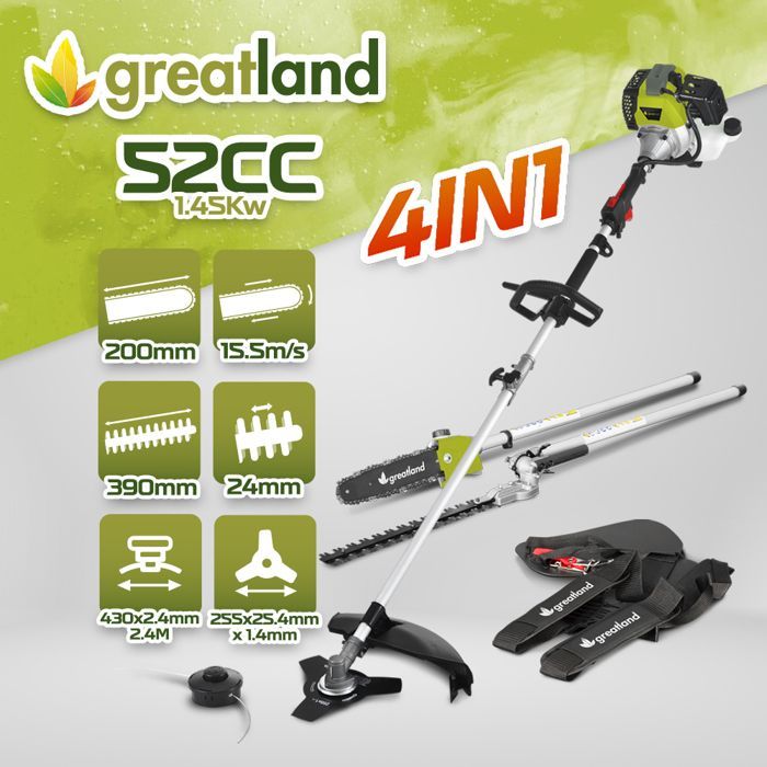 Bosmaaier - GREATLAND - 4-in-1 - 52cc motor - 43cm maaibreedte - Dubbel harnas