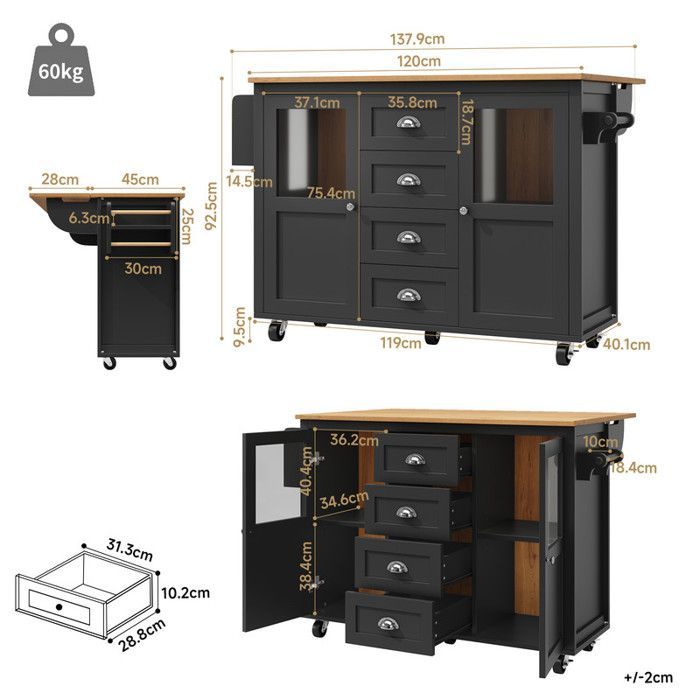 Ilha de cozinha - Extensível - MDF e metal - Móvel com rodízios - 4 gavetas e 2 portas