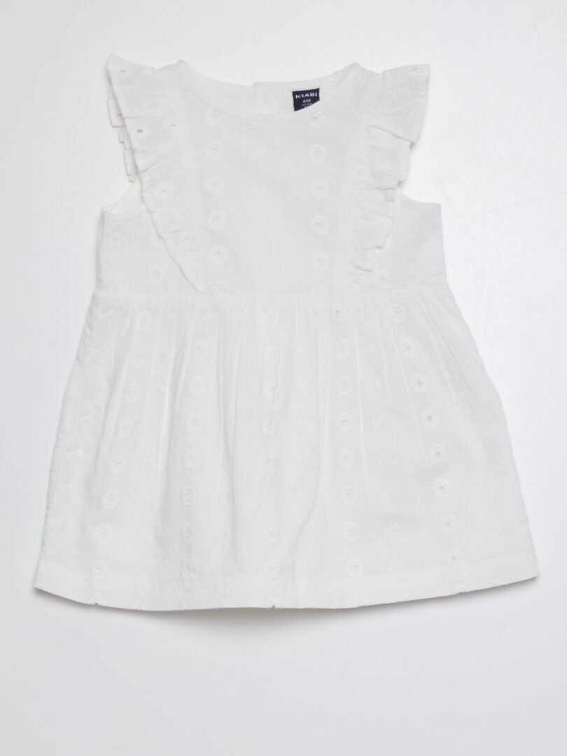 Vestido con volantes y bordado de punto inglés - BLANCO
