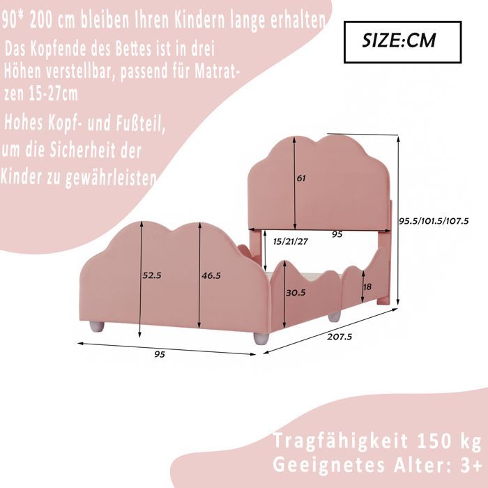 Cama infantil tapizada de 90x200 cm en terciopelo rosa con barandilla de seguridad y cabecero en forma de nube; base de láminas incluida.