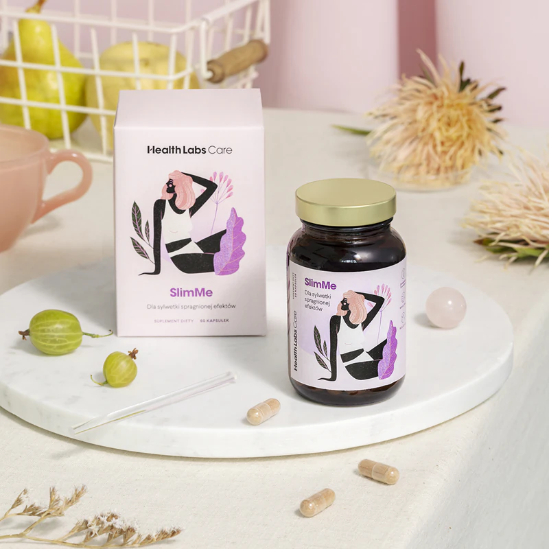 Cápsulas de suplemento alimentar Health Labs Care SlimMe para auxiliar na perda de peso.