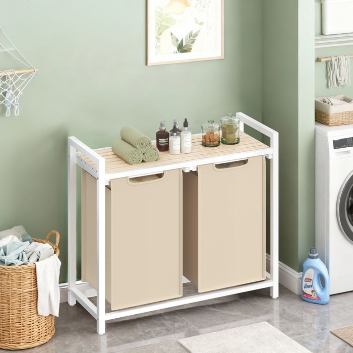 Cesto portabiancheria a 2 scomparti con ripiano portaoggetti, sacco rimovibile, struttura in metallo, 2 x 46 L, beige