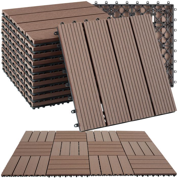 Baldosas para terraza - TECTAKE - Juego de 11 baldosas para terraza TEGULAS en WPC con aspecto de madera - Marrón
