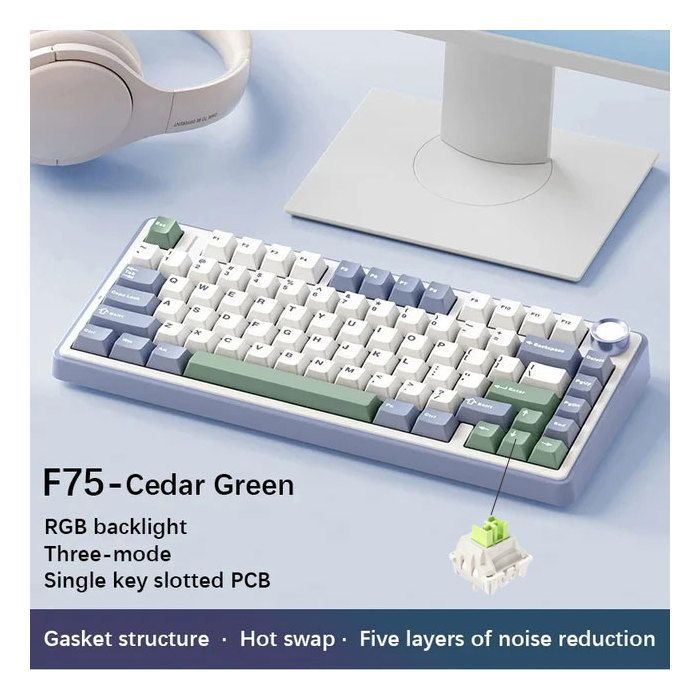 Tastiera meccanica da gioco wireless Aula F75 75% - 3 modalità, struttura con guarnizione, switch intercambiabili, tasti RGB - Verde cedro