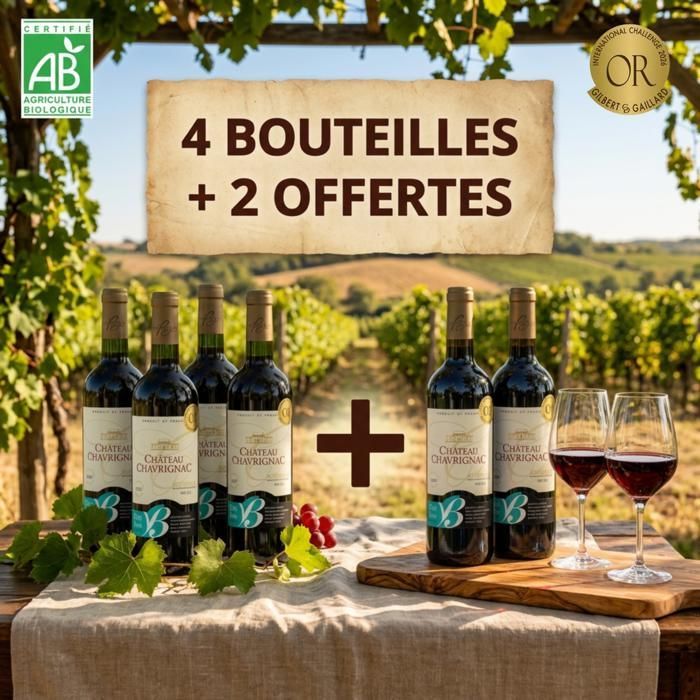 Château Chavrignac – Grand Vin Rouge de Bordeaux AOC Bio – Médaillé Or – Biodynamique – Cuvée 2023 – Merlot – 6 Bouteilles