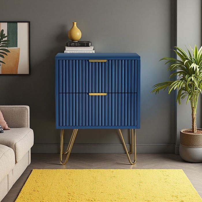 Table de Chevet & Appoint - Bleu Navy - 2 Tiroirs Modulables - Pieds Métalliques Dorés - Design Contemporain