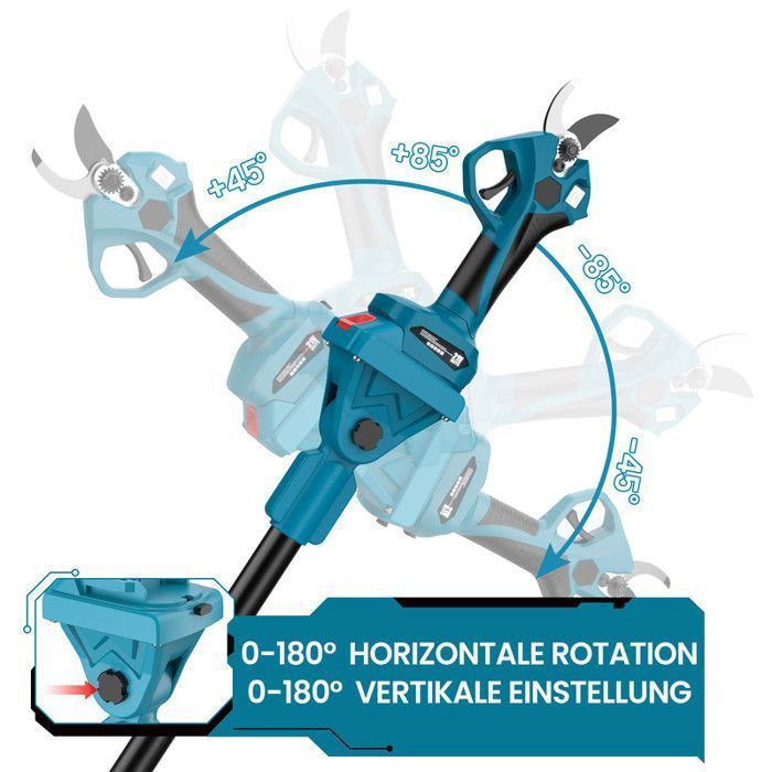 meter lange aluminium snoeischaar, compatibel met Makita 18V B-serie accu's – 3 lengtes: 1 m, 1,5 m, 2 m – 180° verstelbare hoek – 2 accu's
