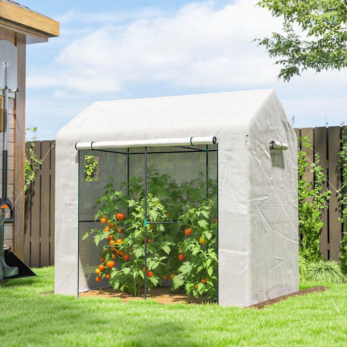 Invernadero de jardín - Outsunny - PE - cubierta reforzada de 135 g/m² - estructura de acero - puerta enrollable con cremallera - 200 x 140 x 200 cm - blanco