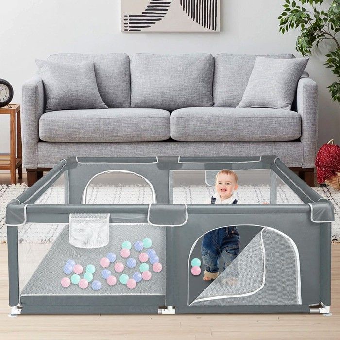 XXL Baby Playpen - MIPAN - With Zipped Door + Storage Bag - Can Be Chewed - Anti-collision - For 3-4 Years - 120*160*66cm - Grey