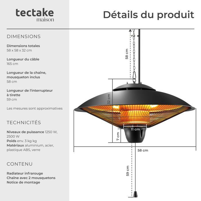 Calefactor de exterior - TECTAKE - Calefactor infrarrojo SOLARIS ORBIT con 2 niveles de potencia, 1250-2500W, carcasa de aluminio, fácil instalación.