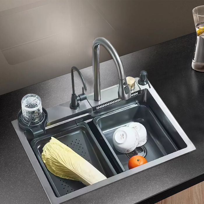 Fregadero de cocina multifuncional tipo cascada con grifo, dispensador de jabón, purificador de agua y lavavasos - 60 x 45 cm
