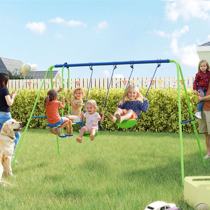 Schaukelset – Outsunny – 3-teiliges Schaukelset – mit 2 Schaukeln – 2,8 m (L) x 1,4 m (B) x 1,78 m (H) – korrosionsbeständiges, epoxidbeschichtetes Metall – Grün/Blau