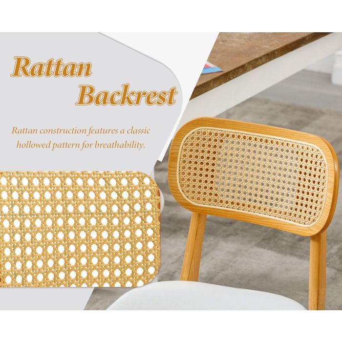Wahson Chaise de Salle à Manger Lot de 4 Chaise Salle à Manger Bois Rétro et Rotin, Chaise de Cuisine pour Salon, Cuir PU, Blanc