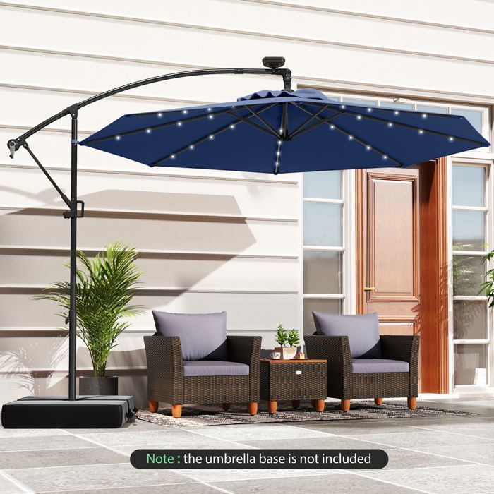 Parasol de Jardin Extérieur -RELAX4LIFE- 3M - Rotation à 360° - 32 LED Solaire - Parasol Déporté Manivelle - 8 Baleines -Bleu Foncé