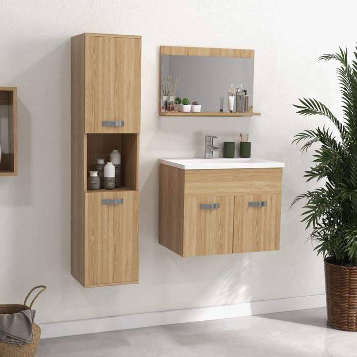 Ensemble de Meubles de Salle de Bain - kleankin - 4 Pièces - Mural - Miroir, Meuble sous Vasque, Lavabo et Armoire Haute - Naturel