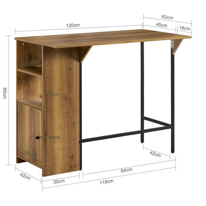 SoBuy Table Haute Cuisine avec Plateau Extensible Table Bar avec Étagères et Armoire Rangement Moderne Petits Espaces 120×45/63×95cm