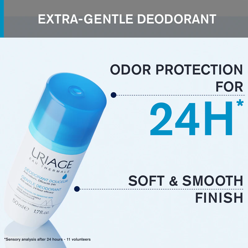 Uriage Hygiène Desodorante Suave, um desodorante roll-on suave sem alumínio.