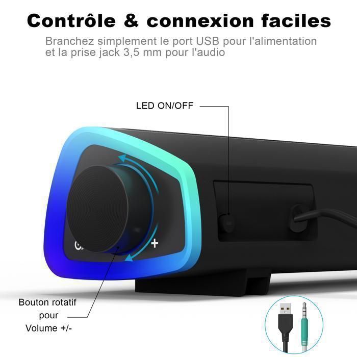 SOULION R30 Altoparlanti per PC, soundbar con luci LED colorate, per monitor, laptop, ingresso AUX da 3,5 mm, alimentazione USB