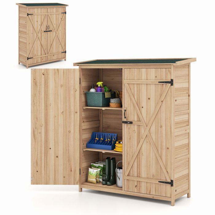 Caseta de jardín de madera maciza - RELAX4LIFE - Techo inclinado de asfalto - 140x50,5x163cm - Estante extraíble - Puerta doble con cerradura