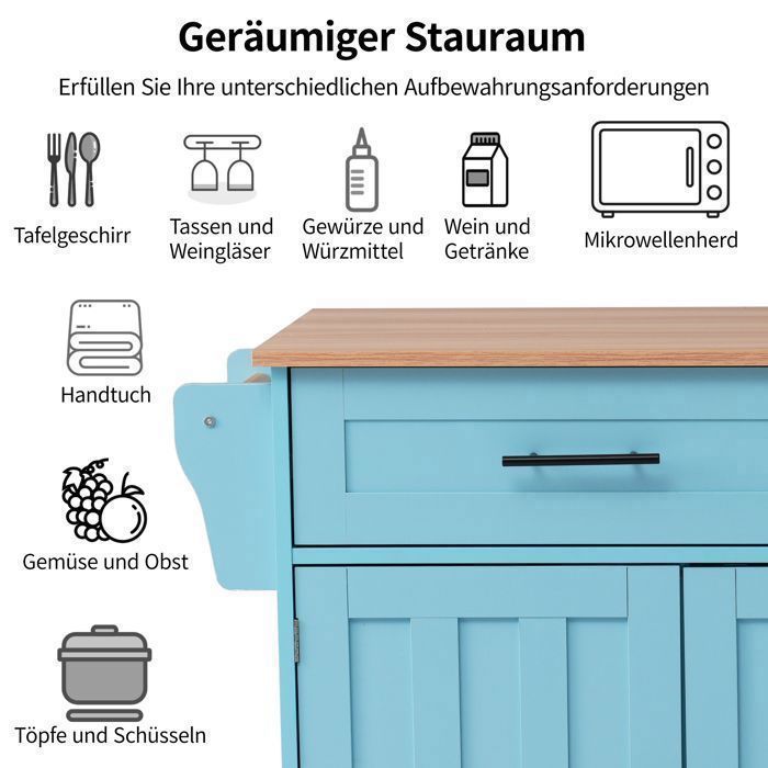 Desserte de Cuisine avec plan de travail, 2 Tiroirs et 3 Portes, Bîlot de cuisine extensible sur roulettes, 129x46-71x91.5cm, Bleu