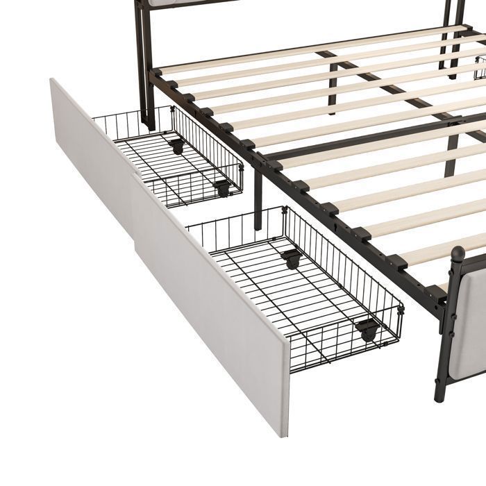 Letto matrimoniale imbottito 180x200 cm, con testiera contenitore, luce LED e porta di ricarica USB, struttura letto con 4 cassetti, beige