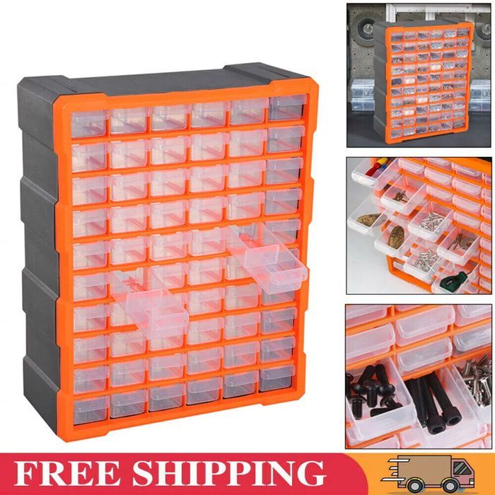 Caja de herramientas de plástico con 60 compartimentos extraíbles. Estante para tornillos.