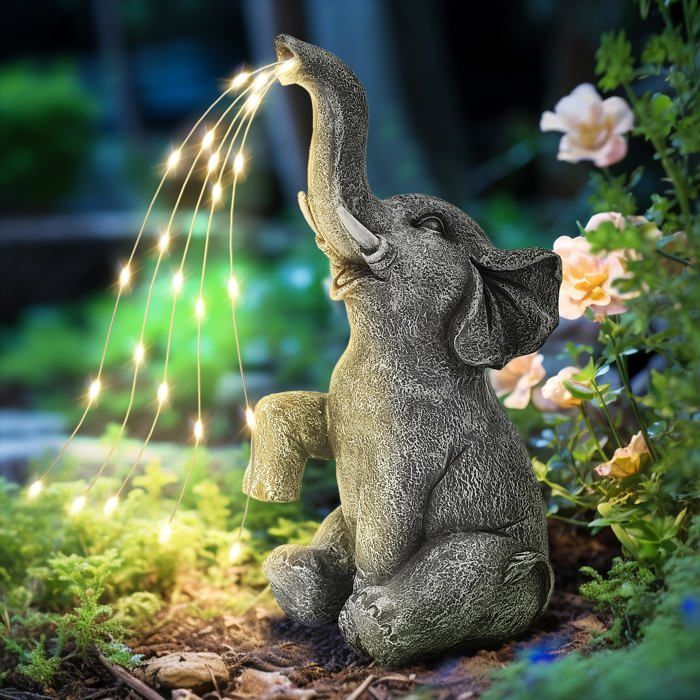 Estatua de elefante LED con energía solar, fabricada en resina, para decoración de jardín con aspersor, 27 cm.