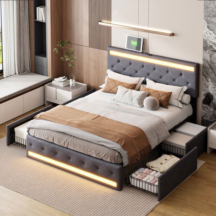 Estrutura de cama - RWUDV - 180x200 cm - 4 gavetas - USB - LED - Tecido de linho - Cinza