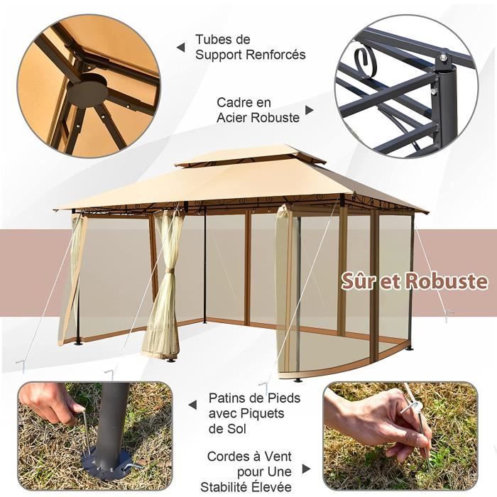 GYMAX Garden Gazebo Pavilion with Double Roof, Removable Mosquito Nets, Waterproof Party Tent, 390 x 290 x 270 CM, Havana