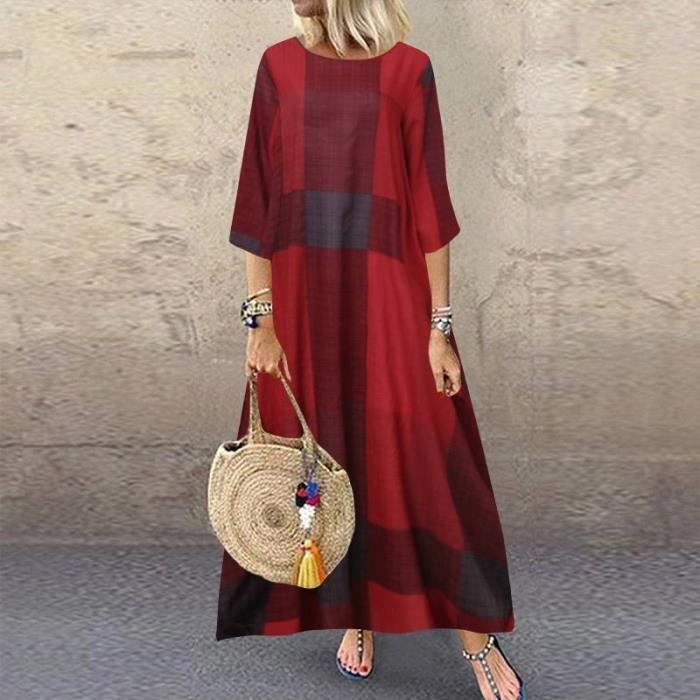 Robe Décontractée À Manches Longues Pour Femmes À Carreaux Vintage Parti Longues Rouge