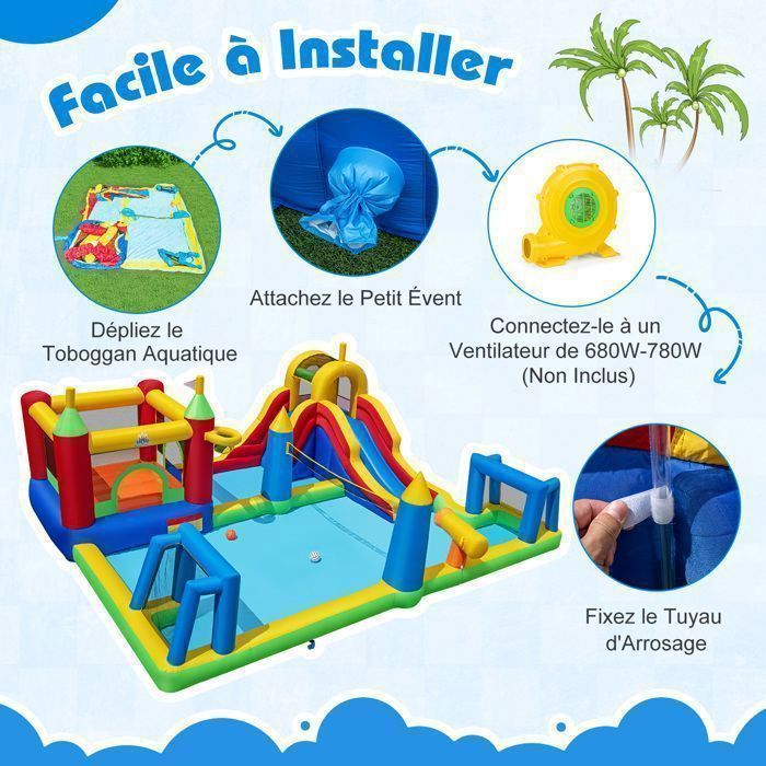 Opblaasbaar kasteel - COSTWAY - Waterglijbaan, klimwand, zwembad zonder pomp - Buitenspel voor kinderen van 3-12 jaar