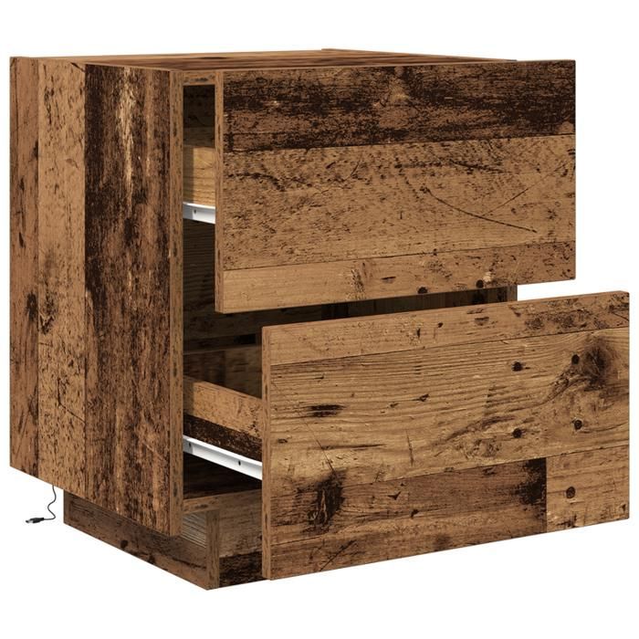 Mesita de noche - Madera antigua - 2 cajones - Luces LED integradas - 45x40x55 cm