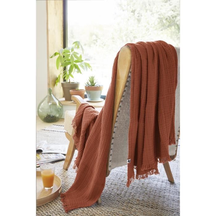 Plaid - GAIA - Terracotta - 130 x 160 cm - 100% Cotone - Morbido e soffice