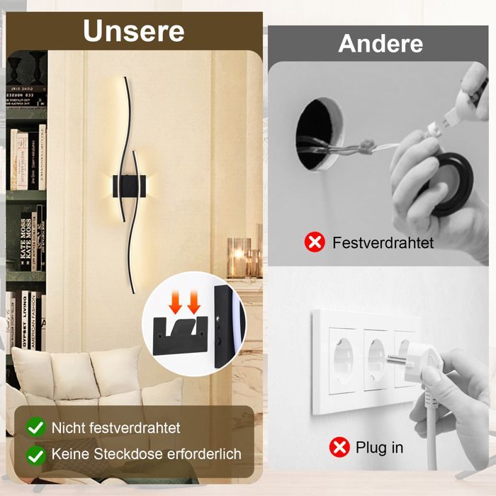 2 apliques LED modernos de pared, diseño curvo, recargables, temperatura de color ajustable de 3000 a 6000 K, control remoto para dormitorio, sala de estar o entrada.